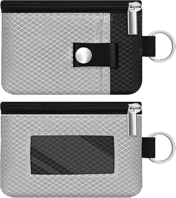 Minimalist RFID Blocking Small Wallet with ID Window,WaterResistant Zip Id Case Wallet with Lanyard Keychain for Cards,Cash,Travel,Women,Men (Light gray/Black)