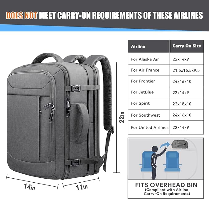 Expandable Carry on Backpack 50L-60L, Extra Large Travel Backpack Hiking Camping Rucksack with Waterproof Wet Pocket, Anti-Theft 19 Inch Gaming Laptop Bag for Road Trip Outdoor Sports, Grey