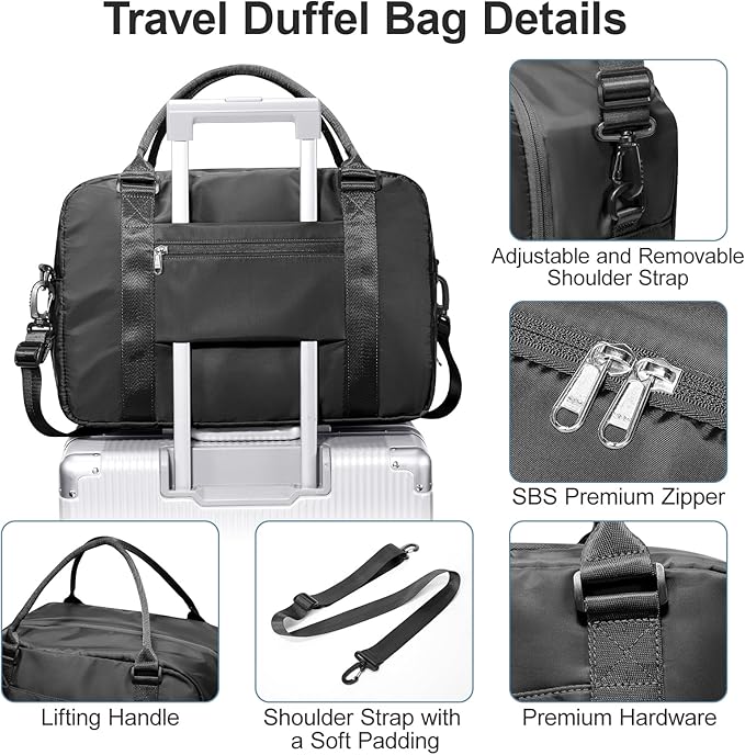 Vacuum Travel Bag for Women with Air Pump, Personal Item Carry on Bags with Seal Compression Pocket for Airlines, Weekender Overnight Bag for Women with Toiletry Bag，Black