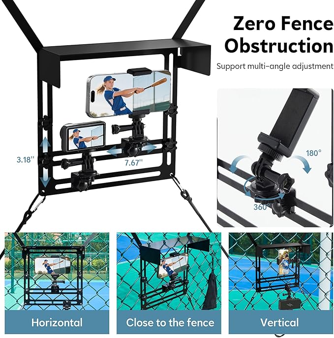 Metal Cell Phone Fence Mount with Shade, Fence Phone Holder Mounting Kit for iPhone, GoPro, Mevo Start, Insta360 and Other Action Cameras, Streaming Kit for Recording Baseball, Softball and Tennis