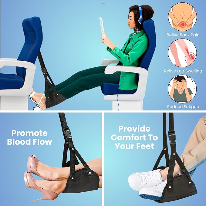 Foot Hammock for Plane Travel- Airplane Foot Hammock and Plane Foot Rest - Ultimate Travel Accessories with Sleep Mask and Ear Plugs (One Pack Foot Hammock)