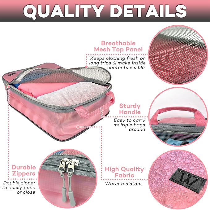 Compression Packing Cubes - WONGLE 12 pc Set His and Hers Family Travel Organizer Compressible Packing Cubes for Suitcases, Luggage Organizer Bags, Travel Accessories, Shoe Bag (Pink/Black)