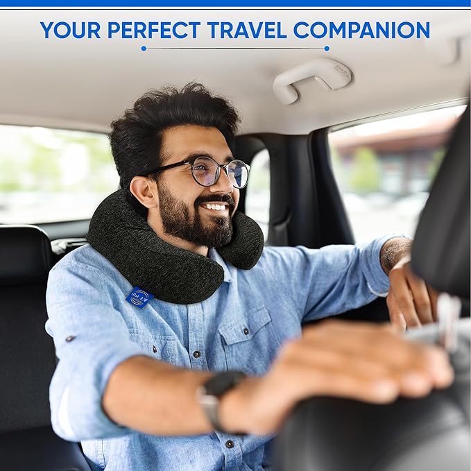 W.S. Sells Travel Neck Pillows for Airplanes - Pure Memory Foam with Ergonomic Design & Breathable Fabric - Travel Pillows for Airplanes & Cars - Set of Travel Essentials with Sleep Mask & Ear Plugs