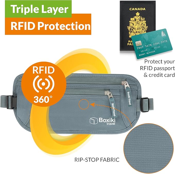 Boxiki Travel, Gray Money Belt + RFID Sleeves Set of 8 Pcs | RFID Blocking Secure Waist Bag, Credit Card Holders & Passport Holders for Men and Women | Keep Your Travel Essentials in Reach