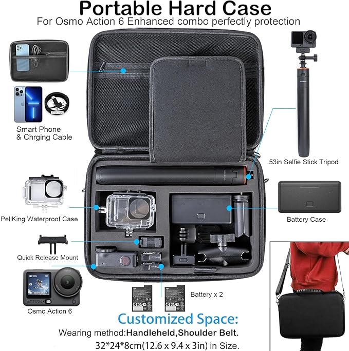 PellKing Accessories Kit for DJI Osmo Action 6,Carrying Case with Belt 135cm Selfie Stick Tripod Waterproof Housing Suction Cup Magnetic Handlebar Mount Qucik Release Clip 4 in 1 Body Mount