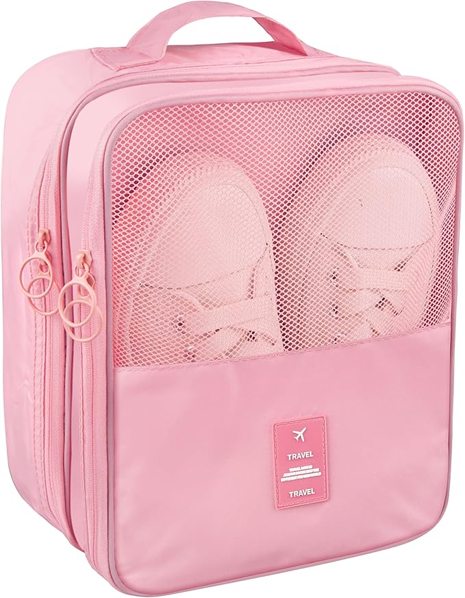 Travel Shoe Bag - Waterproof Shoe Organizer Holds 3 Pairs, Packing Cube for Suitcase Travel and Daily Use Storage Pouch with Handle (Pink)