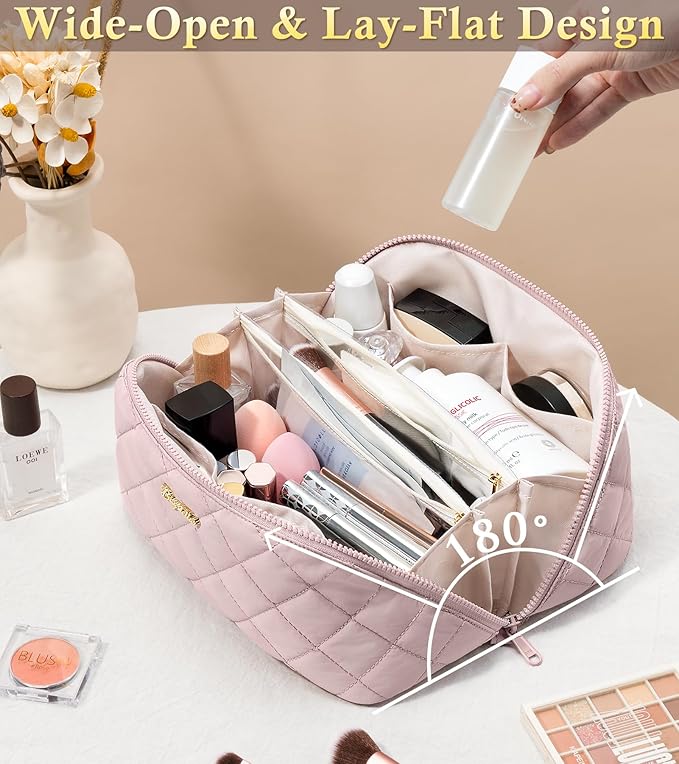 Travel Makeup Bag, 3 Pcs Large Capacity Puffy Toiletry Bag for Women, Open Flat Make up Cosmetic Organizer w/Handle & Clear Divider Water-resistant Portable Pouch Travel Essentials, L-Green Floral