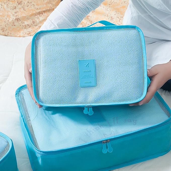 12 Set Packing Cubes for Travel Luggage Packing Bags Reusable Waterproof Suitcase Organizer Bags Set with Shoe Bag and Toiletry Bag (Sky Blue+Navy Blue)