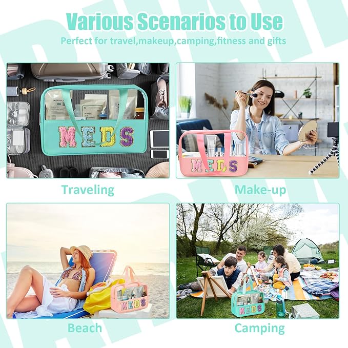 BuyCard Chenille Letter Patch Clear Travel Bags, Preppy PVC&Nylon Makeup Bag with Handle and Zipper, Waterproof Large Clear Travel Toiletry Bag Storage Bag for Women Girls