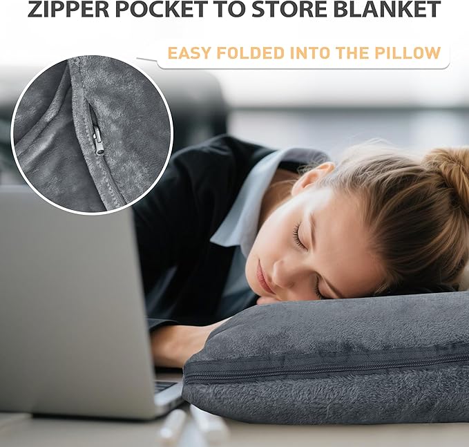 Catalonia Packable Travel Wearable Blanket Pillow with Sleeves for Adults, 2 in 1 Wearable Blanket with Pockets