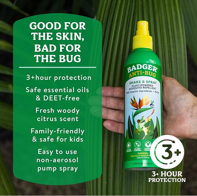 Badger Bug Spray, 3-Hour DEET-Free Mosquito Repellent, Family Friendly, Citronella & Organic Essential Oils, Natural & Vegan Insect Repellent Spray, 8 fl oz Family Size Aluminum Bottle, 2-Pack