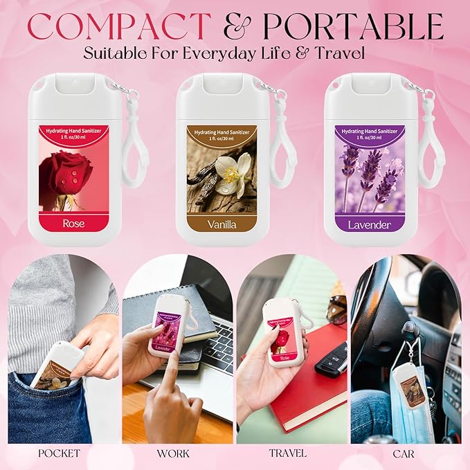 Set of 3 Power Mist Hydrating Hand Sanitizer Spray Bulk with Keychain Travel Size Portable Hand Sanitizer 1 Fl. oz Compact Spray Bottle Lavender Rose Vanilla Scent for Women Graduation Gifts