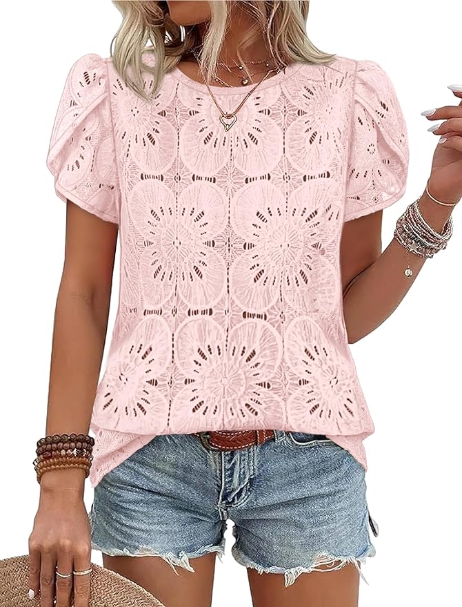 OFEEFAN Blouses for Women Dressy Casual Petal Short Sleeve Shirts Crochet Lace Boho Tops Spring Fashion Summer Outfits