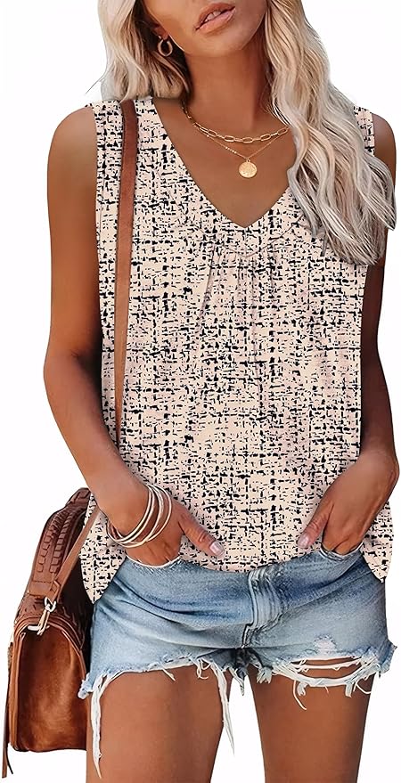 OFEEFAN Tank Top for Women Loose Fit Sleeveless Shirts V Neck Summer Clothes Ruched Women's Tees and Tanks Curved Hem