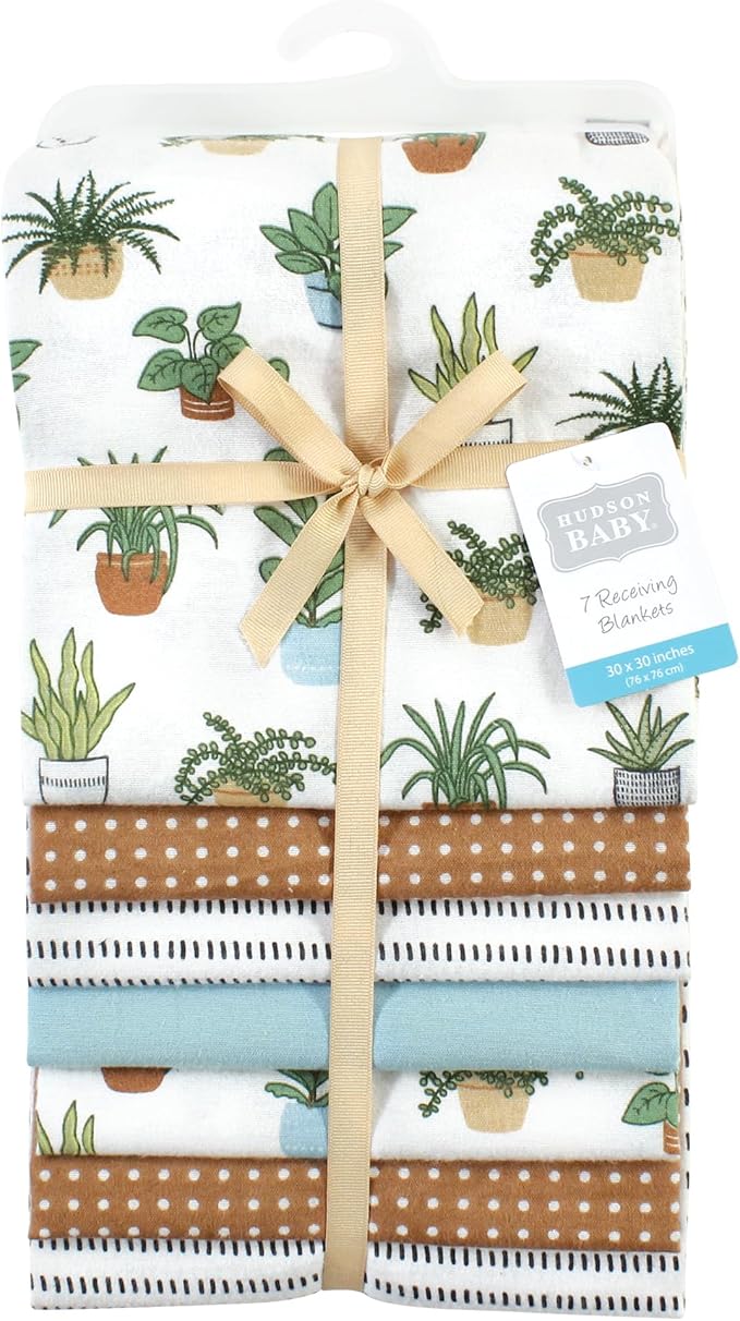 Hudson Baby Unisex Baby Cotton Flannel Receiving Blankets Bundle, Plants, One Size