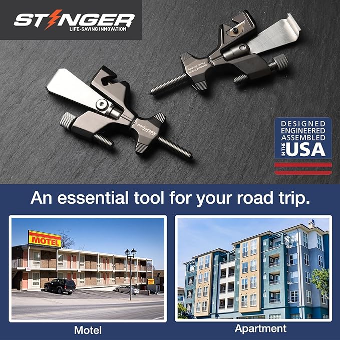Stinger Portable Door Lock for Travel, Travel Door Lock with Seat Belt Cutter and Glass Breaker | Home and Hotel Room Security Device