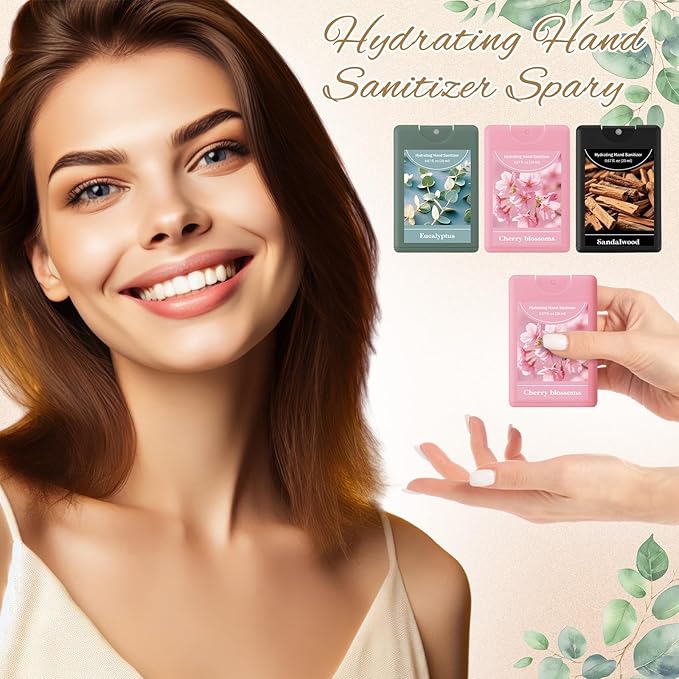 Set of 3 Power Mist Hydrating Hand Sanitizer Spray Bulk Travel Size Moisturizing Hand Sanitizer 0.67 Fl. oz Compact Card Spray Bottle Cherry Blossoms Eucalyptus Sandalwood for Spring Gifts