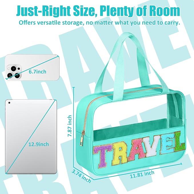 BuyCard Chenille Letter Patch Clear Travel Bags, Preppy PVC&Nylon Makeup Bag with Handle and Zipper, Waterproof Large Clear Travel Toiletry Bag Storage Bag for Women Girls