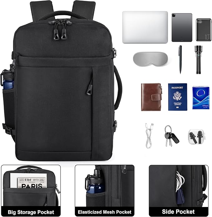 HILOMON Black Travel Backpack for Men Women, TSA Approved Personal Item Size 18x14x8 Under Seat Backpack for Airplanes 15.6inch Laptop 30L Luggage Carry On Bag
