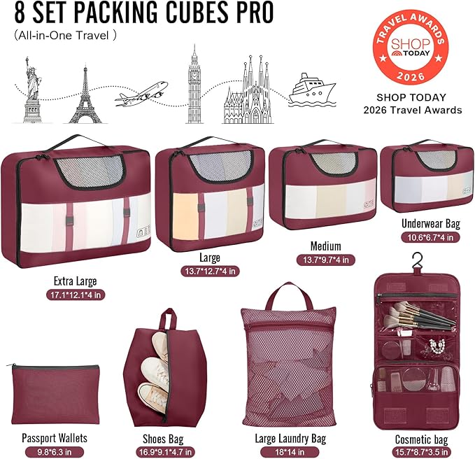 Veken 8 Set Packing Cubes for Travel Essentials, Suitcase Organizer Bags in 4 Sizes, Carry-On Luggage Accessories with Large Laundry Bag & Passport Holder, Must-Have for Airplane, Road Trip & Camping