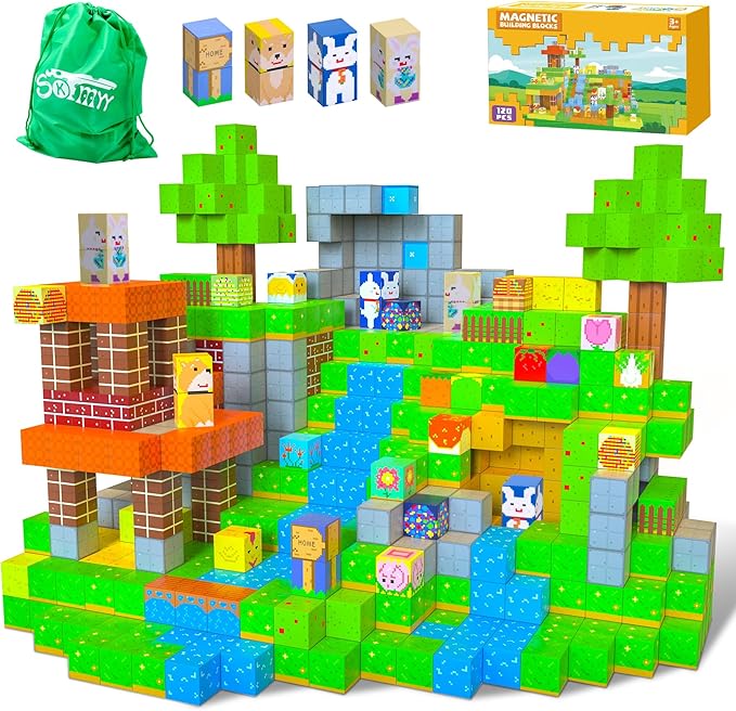 SKTMYY Magnetic Blocks-120pcs Farm Magnetic Building Blocks for Kids, STEM Sensory Magnet Blocks Cubes Toys for Toddlers Boys & Girls Ages 4-8