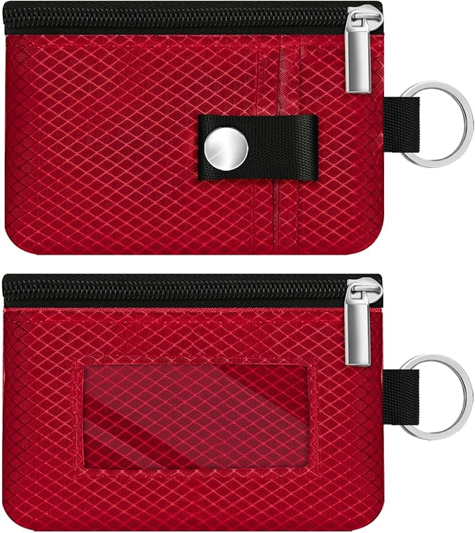 Minimalist RFID Blocking Small Wallet with ID Window,WaterResistant Zip Id Case Wallet with Lanyard Keychain for Cards,Cash,Travel,Women,Men (Red)