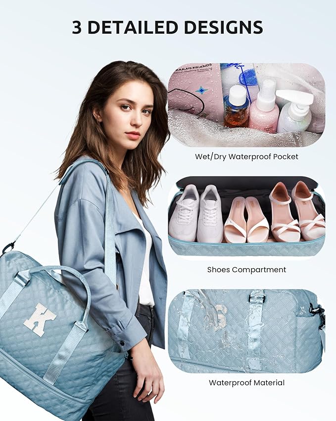 Personalized Kids Weekender Bag - Monogram Overnight Travel Duffel with Shoe Compartment, Makeup Bag, Sister, Friend, Girlfriend Gifts (Light Blue, M)