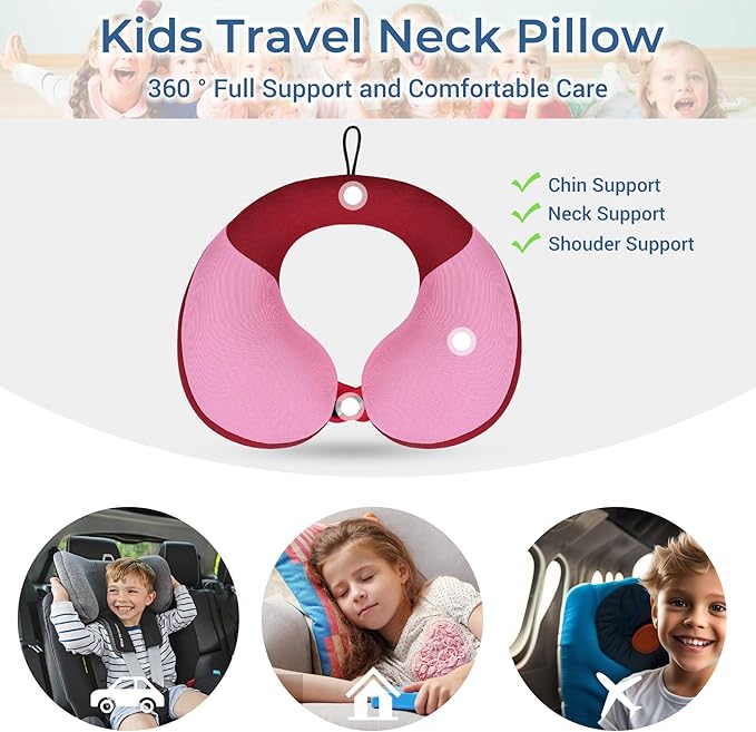 COOLBEBE Kids Travel Neck Pillow, Softly Double Support Travel Pillow for Car & Airplane, Traveling Gifts for Toddler & Children, Breathable Fabric, Raspberry Powder