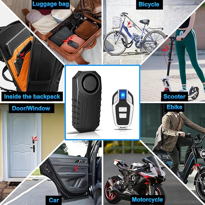 Bike Alarm with 2Remotes, USUPERINK 113dB Bike Alarm Wireless Vibration Motion Sensor for Electric Bike Motorcycle Golf Car Trailer Mailbox Garage Door IP65 Waterproof Home Security Bike Accessories