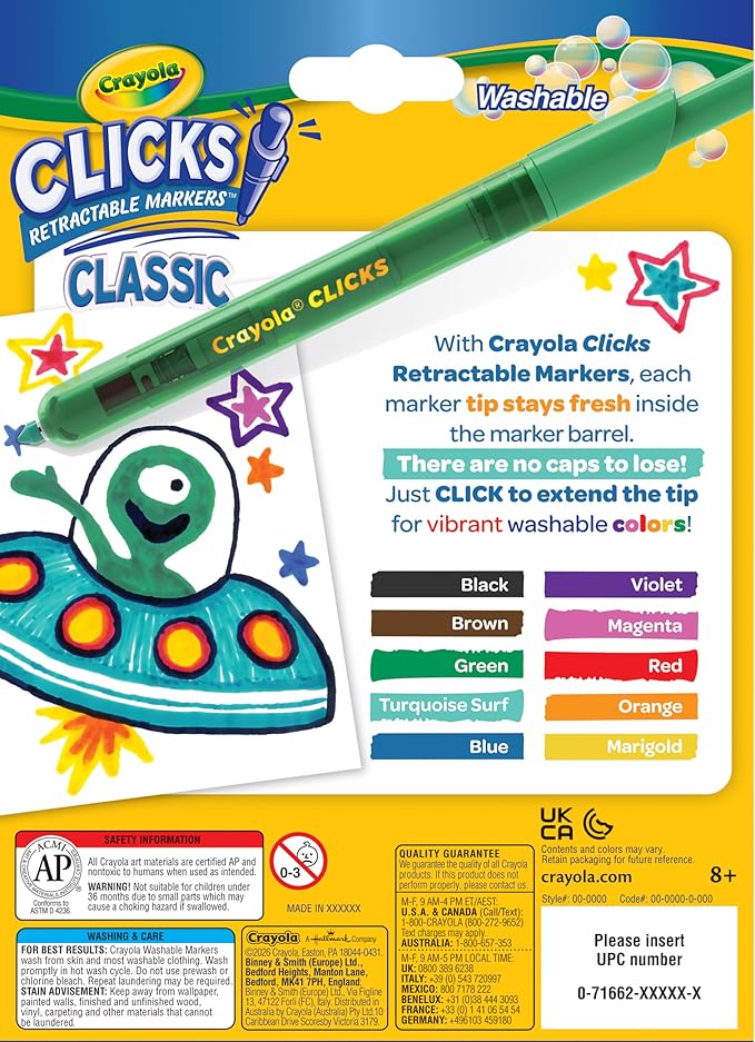Crayola Clicks Retractable Tip Markers (10ct), Washable Cone Tip Art Marker Set, School Classroom & Craft Supplies for Coloring Books, Ages 3+