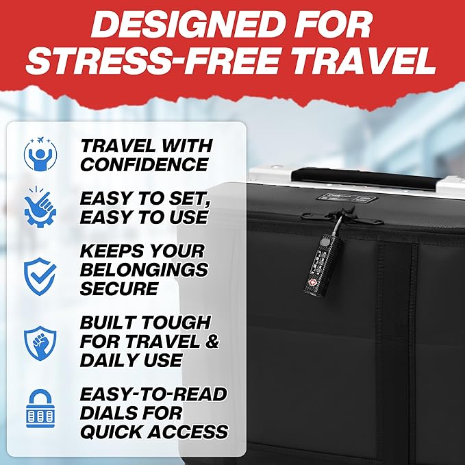 TSA Approved 3-Digit Combination Luggage Lock – Heavy Duty Alloy Body Zipper Lock for Travel, Suitcase, Backpack & Gun Case - Black