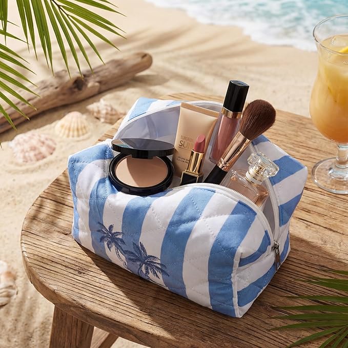Hillban Ocean Quilted Cosmetic Bag Ocean Themed Gift Starfish Coral Seashell Essential Makeup Bag for Women Summer Travel Vacation Survival Kit Mother's Day Bulk Gift 8.7 x 4.3 x 4.3 in(Coconut Trees)