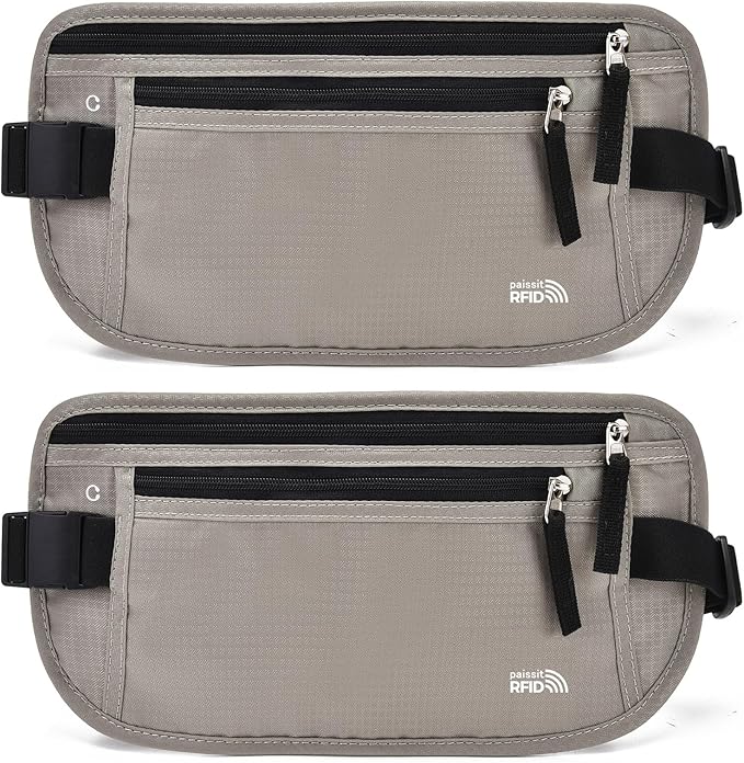 Unisex Money Belt For Men and Women, Slim Passport Holder RFID Blocking Travel Essentials Pouch with Adjustable Strap Small Waist Pouch for Workout Running Travelling Hiking, Light Grey 2 Pack