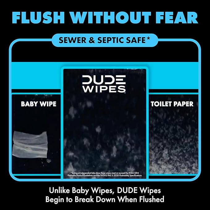 DUDE Wipes Unscented Travel Wipes - 1 pack (18 Count) - Extra-Large Adult Flushable Wipes for Sensitive Skin - Infused with Vitamin E and Aloe - Septic and Sewer Safe