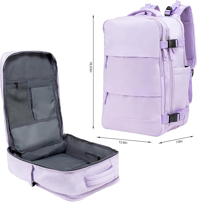Carrywell (Not Made In China) Travel Backpack Airline Approved, Carry-On Underseat, Holds 15.6 or 16 Inch Laptop, Personal Item Bag with Shoe Compartment For Men Women, Lavender 30l