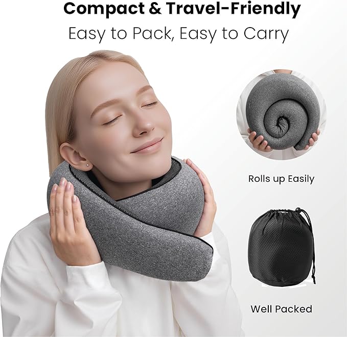 Memory Foam Travel Neck Pillow for Airplane, Ergonomic U-Shape 360° Neck Support for Sleeping & Neck Pain Relief, Breathable Cotton Cover, Adjustable Fit (Gray)