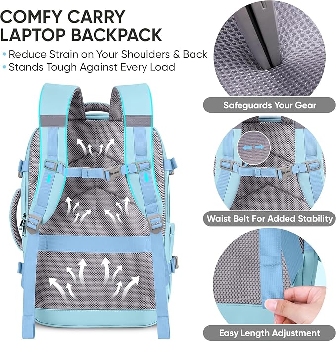 BALEINE Travel Backpack for Women Men, Large Sturdy Carry On Laptop Backpack Gifts for Business, Casual, Weekender, Hiking (Large, Light Blue)
