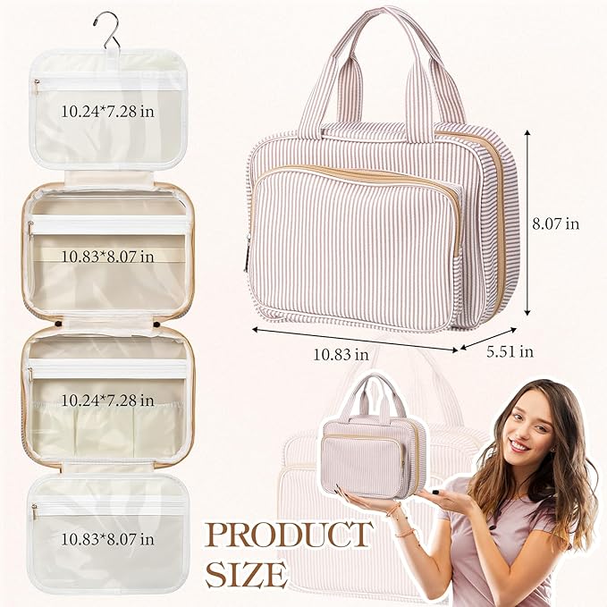 Huhumy Hanging Toiletry Bag for Women with Detachable Pouch, Travel Toiletry Bag, Travel Size Toiletries, Cosmetic Bags, Seersucker Makeup Bags Gifts for Her Mom Girlfriend Wife Teacher(Khaki)