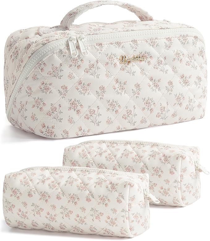 Travel Makeup Bag, 3 Pcs Large Capacity Puffy Toiletry Bag for Women, Open Flat Make up Cosmetic Organizer w/Handle & Clear Divider Water-resistant Portable Pouch Travel Essentials, L-Beige Rose