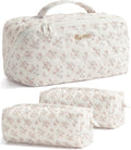 Travel Makeup Bag, 3 Pcs Large Capacity Puffy Toiletry Bag for Women, Open Flat Make up Cosmetic Organizer w/Handle & Clear Divider Water-resistant Portable Pouch Travel Essentials, L-Beige Rose