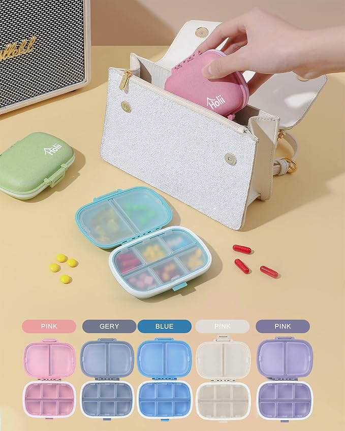 Holii Travel Pill Organizer, 8 Compartments Portable Pill Case, Daily Pill Box to Hold Vitamins, Small Pill Container for Pocket Purse Medicine Organizer（Pink）