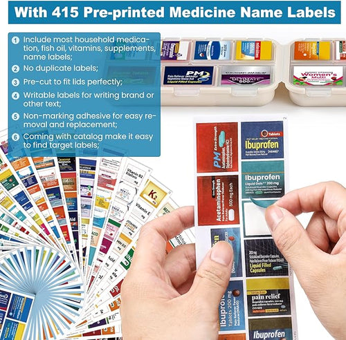 14 Grids Travel Pill Organizer Box with 415-Pcs Medicine Name Labels - Pocket Daily Pharmacy Case Container Kit - Travel Medication Holder Dispenser for Fish Oil Vitamin Supplement Storage - Khaki