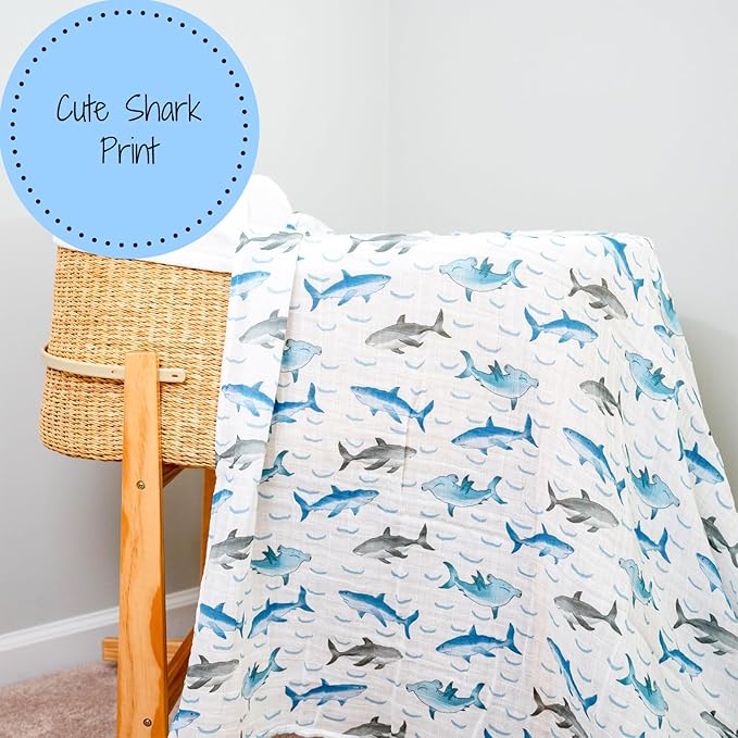 LollyBanks Baby Blanket for Boys, 100% Cotton Muslin Swaddle Blankets, 47 x 47 Inches Soft and Breathable Receiving Blankets, Cozy Newborn Swaddle, Baby Essentials, Registry (Shark Print)