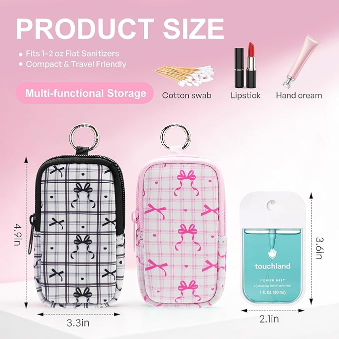 KJQJLY 2 Pack Hand Sanitizer Holder Pouch, Zippered Portable Sanitizer Case with Cute Pattern, Keychain D-Ring for Purse, Backpack & Travel