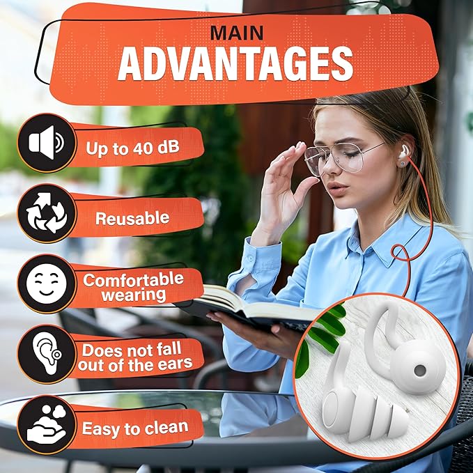 Reusable Ear Plugs for Sleeping - Noise Canceling Silicone Earplugs for Sleep, Reduce 40 dB, White Earplugs for Musicians Hearing Protection, Durable and Comfy, Good for Flying, Focus and Quiet Time