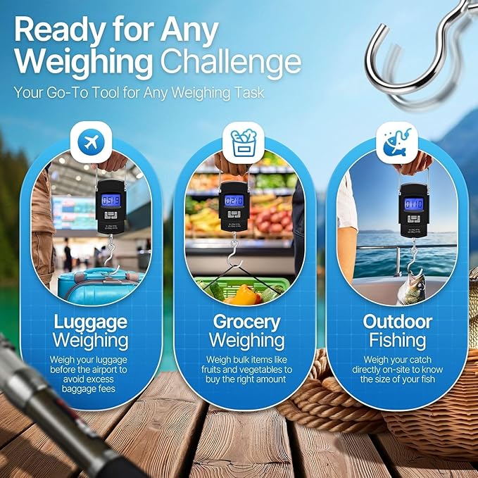 Flexzion Digital Hanging Scale – 110lb/50kg Portable Luggage Scale, and Fish Scale with Electronic Backlight LCD, Stainless Steel Hook, 2 AAA Batteries Included