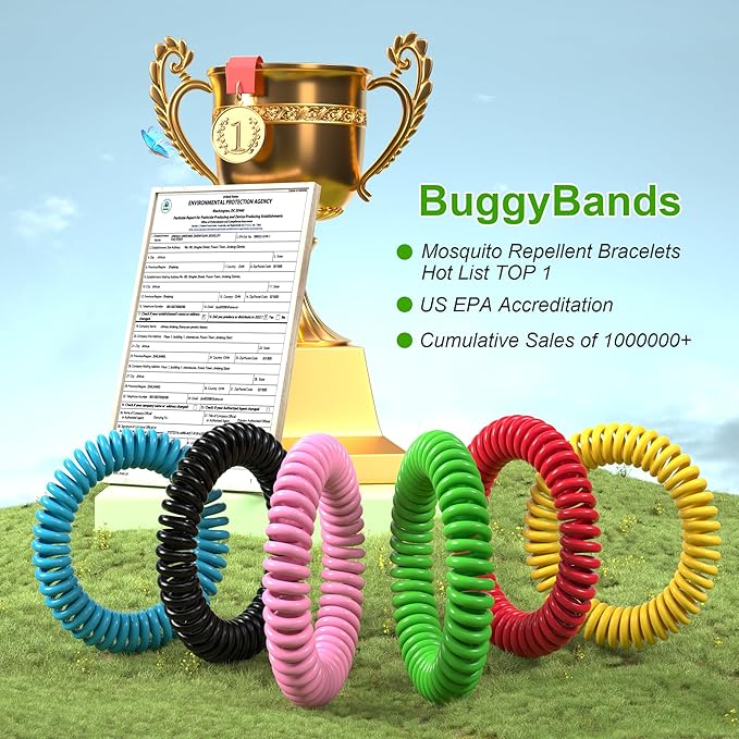 BuggyBands 12 Pack Mosquito Repellent Bracelets for Adults & Kids, Individually Wrapped, DEET Free, Natural and Waterproof Band