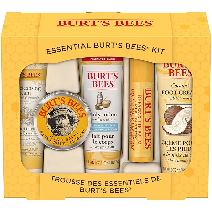 Burt's Bees Essential Everyday Beauty Valentines Day Gifts Set, 5 Travel Size Products - Deep Cleansing Cream, Hand Salve, Body Lotion, Foot Cream and Lip Balm