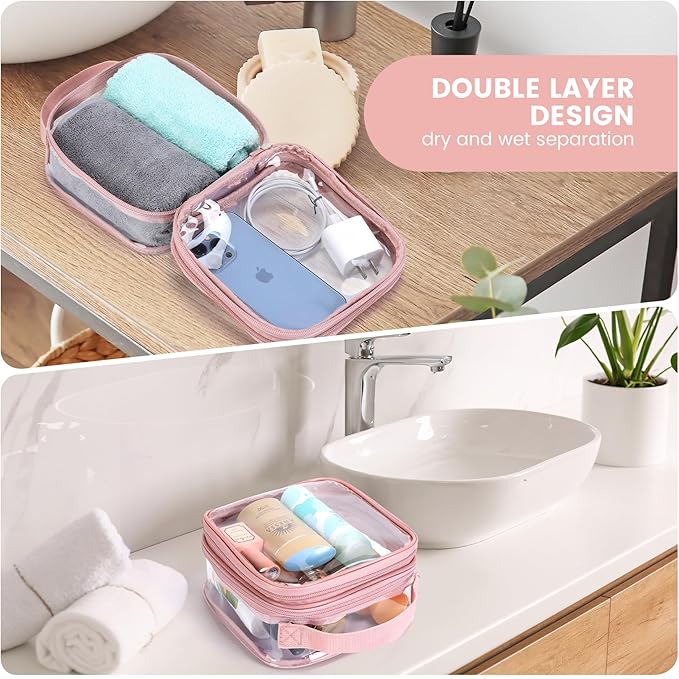 BORMELUN TSA approved small toiletry bag - clear travel pouch carry on case organizer reusable see-through pvc plastic small （pink