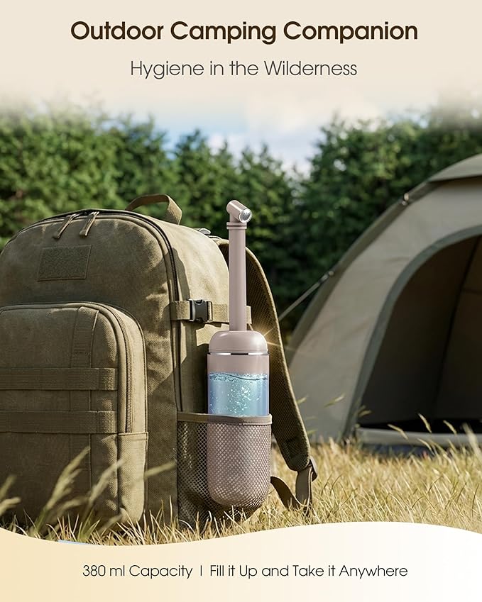 Portable Bidet for Travel & Camping - Manual Squeeze Handheld Peri Bottle for Feminine Hygiene, 3 Leak-Proof Seals, Extendable Sprayer with Rotating Nozzle for Men & Women (Khaki, General)